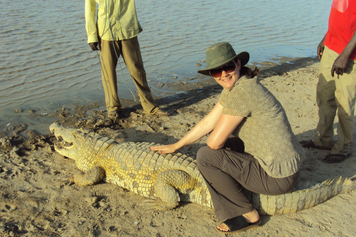 Deah sitting on back of crocodile sacred lake at sabou burkina faso africa